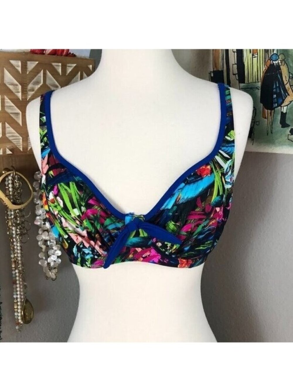 Vintage Pour Moi Bikini Top Women's size M Blue Pink Underwire Tropical Beach